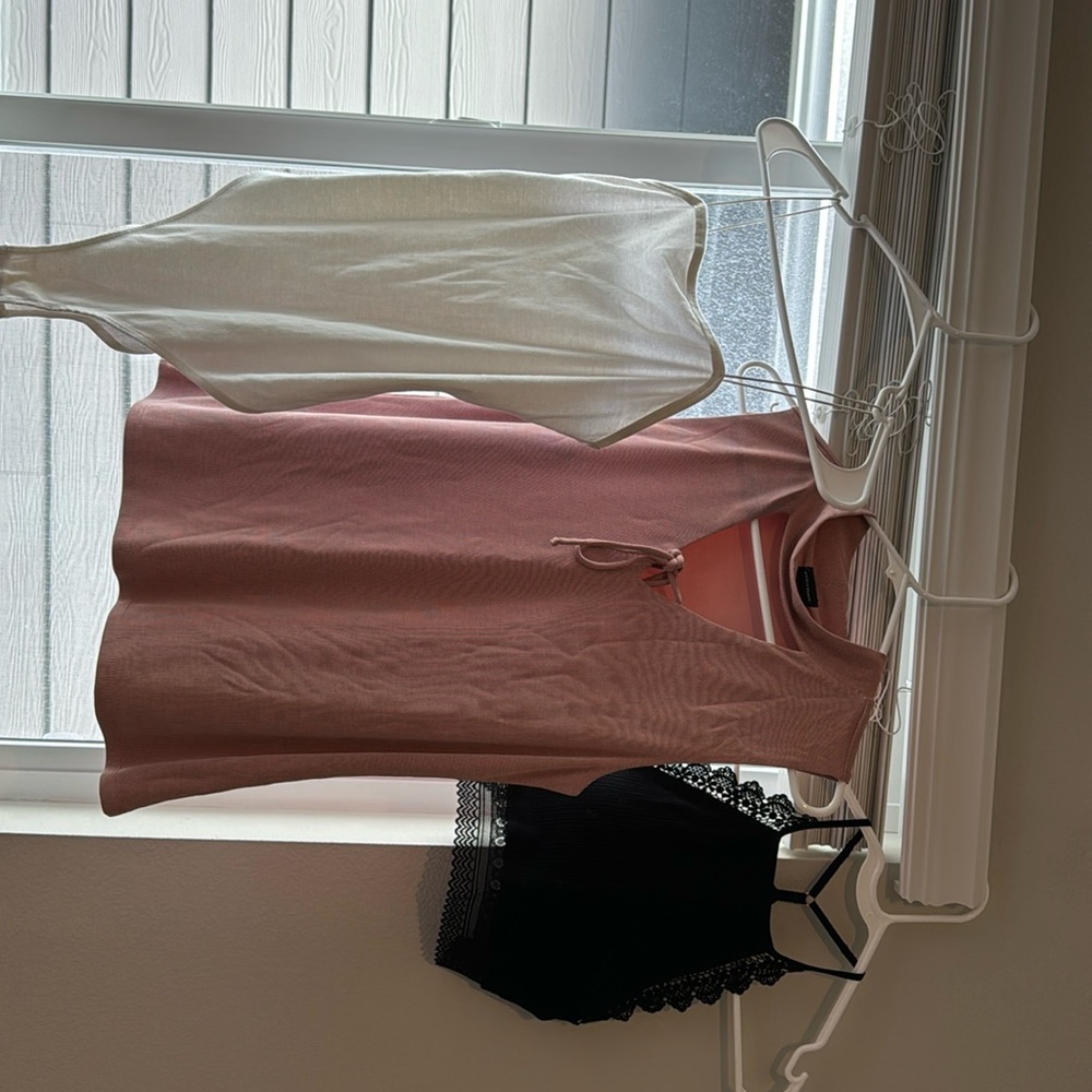 White body suit, Pink Tank Top, Black Bralette